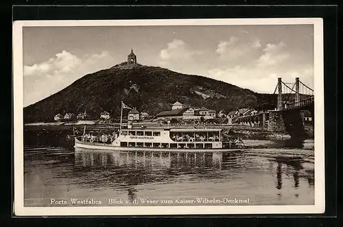 AK Porta Westfalica, Blick von der Weser zum Kaiser-Wilhelm-Denkmal, Binnenschiff Porta Westfalica