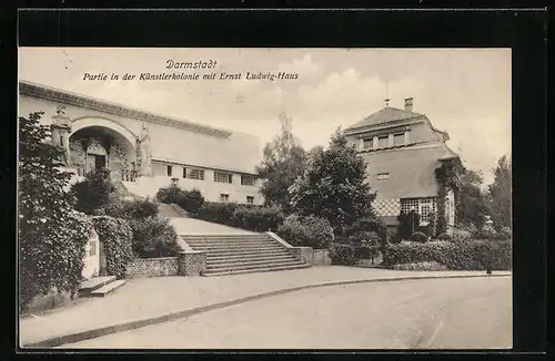 AK Darmstadt, Partie in der Künstlerkolonie mit Ernst Ludwig-Haus