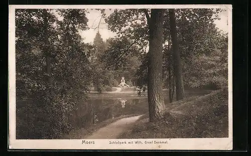 AK Moers, Schlosspark mit Wilh. Greef Denkmal