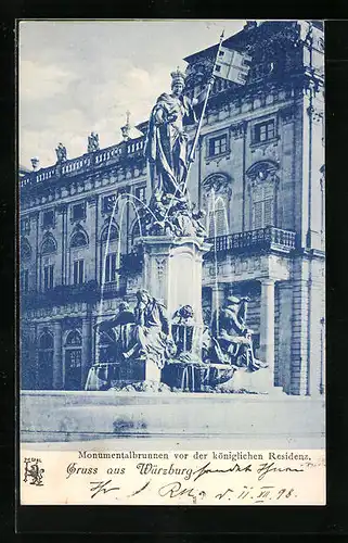 AK Würzburg, Monumentalbrunnen vor der königlichen Residenz