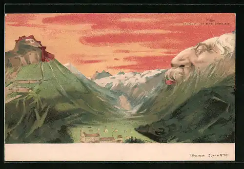 Künstler-AK Titlis, Killinger Nr. 101, Er träumt von einer Palme, Berg mit Gesicht / Berggesichter
