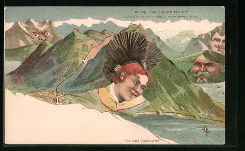 Künstler-AK Killinger Nr. 107, Die Rigi - Ewig jung und ewig schön, Berg mit Gesicht / Berggesichter