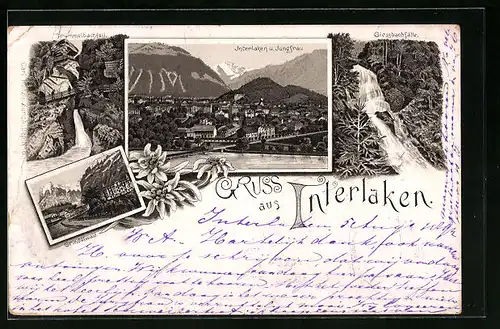 Vorläufer-Lithographie Interlaken, 1894, Teilansicht mit Jungfrau, Giessbachfälle, Trümmelbachfall, Grindelwald