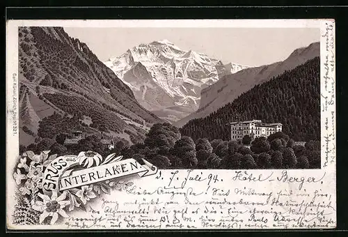 Vorläufer-Lithographie Interlaken, 1894, Teilansicht mit Alpenpanorama