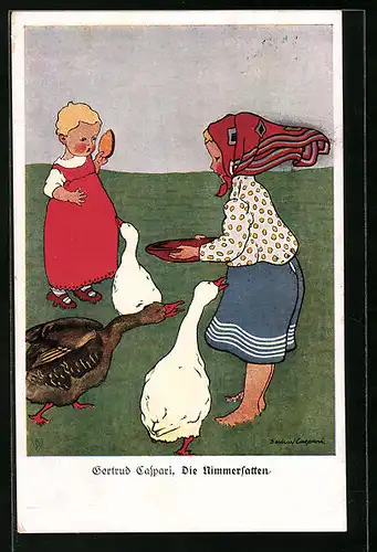 Künstler-AK Gertrud Caspari: Kinder füttern die Gänse