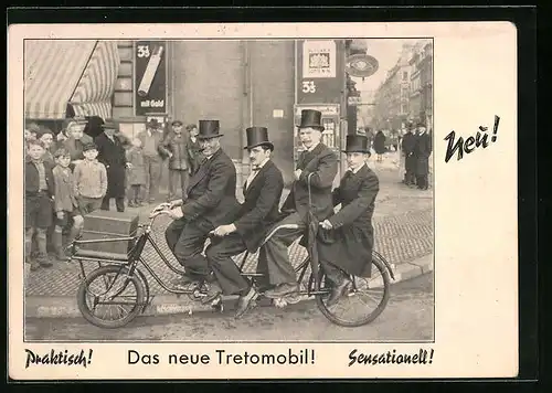 AK Das neue Tretomobil, Praktisch! Sensationell! Neu!, Tandem