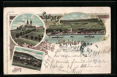 Lithographie Pöchlarn, Maria-Taferl, Kaiserliches Schloss Artstetten, Panorama mit Dampfern