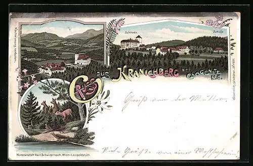 Lithographie Kranichberg bei Gloggnitz, Schloss, Schule, Rehwild