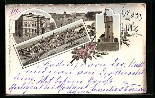 Lithographie Linz, Franz-Josefs-Platz, Dampfer, Museum Franziska Carolineum