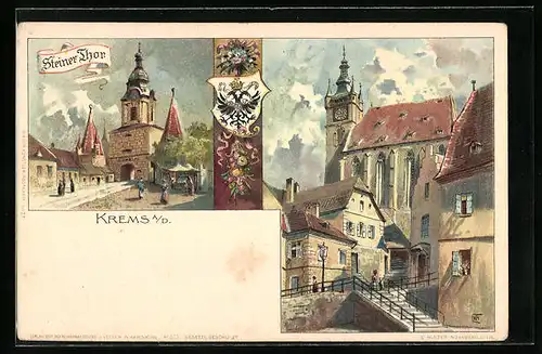 Lithographie Krems a. d. D., Steiner Tor, Kirche, Wappen