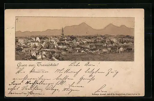 Vorläufer-Lithographie Traunstein, 1892, Gesamtansicht der Stadt