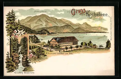 Lithographie Kochelsee, Gasthof am See von M. Kuchler, Kesselberg Wasserfall