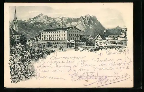 Lithographie Partenkirchen, Blick auf das Hotel zur Post mit Alpenpanorama