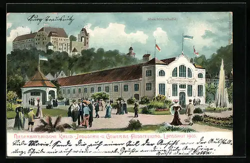 Lithographie Landshut, Niederbayrische Kreis-Industrie- u. gewerbe-Ausstellung 1903, Maschienenhalle