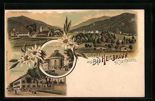 Lithographie Bad Heilbrunn, Adelhaidsquelle, Gasthof Ebertl, Teilansicht des Ortes