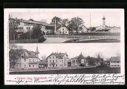 AK Sauerlach, Strassenpartie im Ort mit Kirche