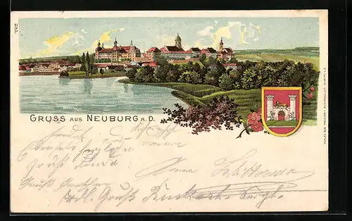 Lithographie Neuburg a. D., Gesamtansicht mit Schloss und Wappen