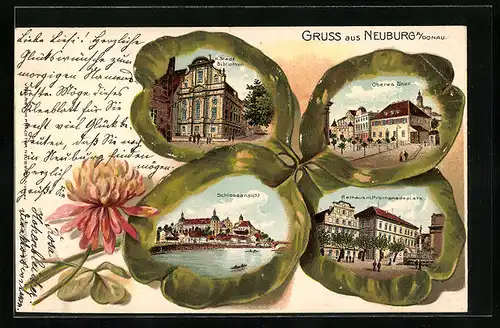 Passepartout-Lithographie Neuburg a. Donau, Oberes Thor, Rathaus mit Promenadeplatz, Bibliothek, Kleeblatt