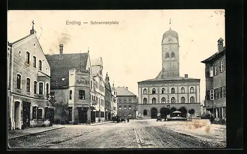 AK Erding, Blick auf den Schrannenplatz mitLandshuter Tor, Restaurant zum kalten Eck