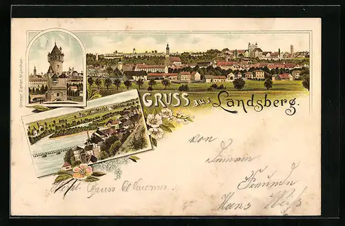 Lithographie Landsberg, Blick auf den Turm und Gesamtansicht