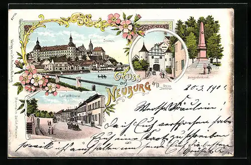 Lithographie Neuburg a. D., Luitpoldstrasse, Kriegerdenkmal, Oberes Stadtthor, Schloss