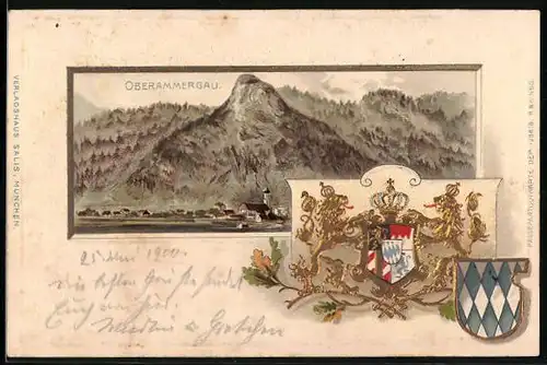 Passepartout-Lithographie Oberammergau, Blick auf den Ort mit Wappen