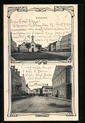 AK Massing, Strassenpartie mit Kirche