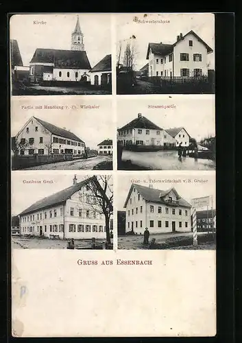AK Essenbach, Schwesternhaus, Gasthaus Groll, Gastwirtschaft B. Gruber, Handlung Th. Wiethaler, Kirche