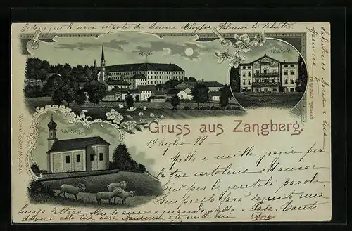 Mondschein-Lithographie Zangberg, Villa Riedl, Kloster, Palmberg