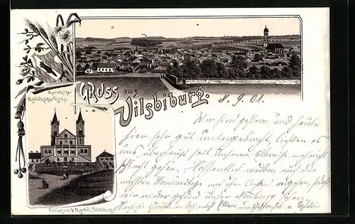 Lithographie Vilsbiburg, Mariahilfs-Kirche, Ortsansicht