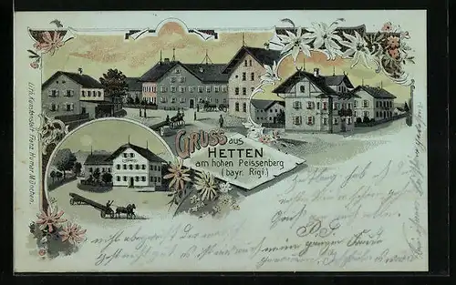 Lithographie Hetten a. Peissenberg, Strassen- und Gebäudeansichten aus dem Ort