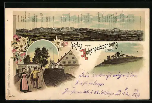 Lithographie Hohenpeissenberg, Gasthof zum bayrischen Rigi, Alpen-Panorama