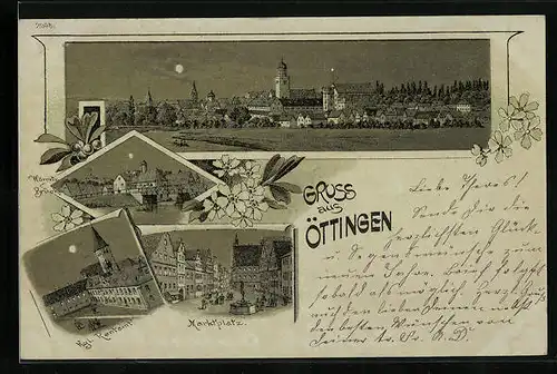 Mondschein-Lithographie Öttingen, Kgl. Rentamt, Marktplatz, Wörnitz-Brücke
