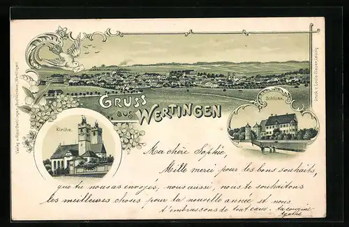 Lithographie Wertingen, Schloss, Kirche, Ortsansicht