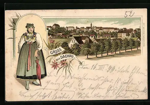 Lithographie Dachau, Blick auf die Stadt, Frau im Trachtenkleid mit Schirm