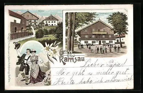 Lithographie Ramsau, Gasthaus, Mühle, Paar in Tracht