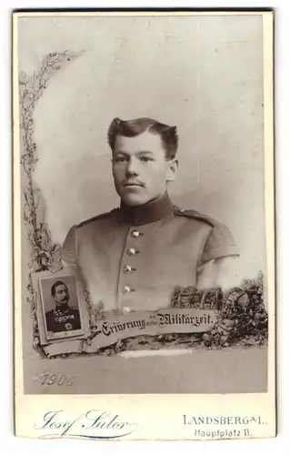 Fotografie Josef Sutor, Landsberg, Hauptplatz 11, Junger Soldat mit dünnem Moustach 1906