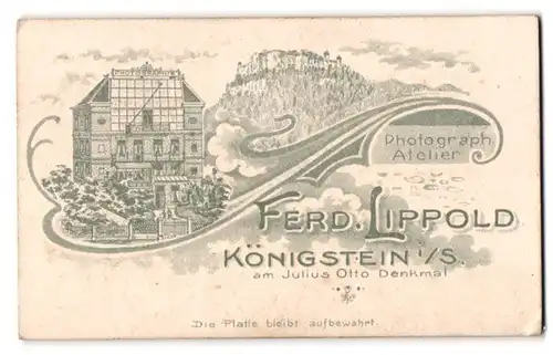 Fotografie Ferd. Lippold, Königstein i. S., Ansicht Königstein i. S., Ateliersgebäude des Fotografen in der Aussenansicht