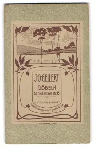 Fotografie J. O. Geilert, Döbeln, Schiesshausstr. 15, Landschaftsbild im Jugendstil gehalten