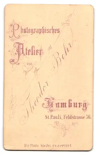 Fotografie Theodor Behr, Hamburg, Feldstr. 56, junger Mann im Anzug mit Fliege und Backenbart