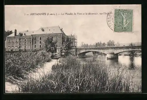AK Artannes, Le Moulin, le Pont et le déversoire sur l`Indre