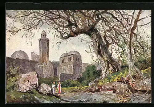 Künstler-AK Jerusalem, Ölberg, Kirche der Himmelfahrt Christi