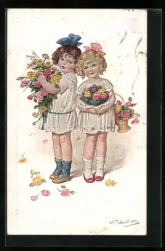 Künstler-AK Kränzle: Mädchen mit zahlreichen Blumen