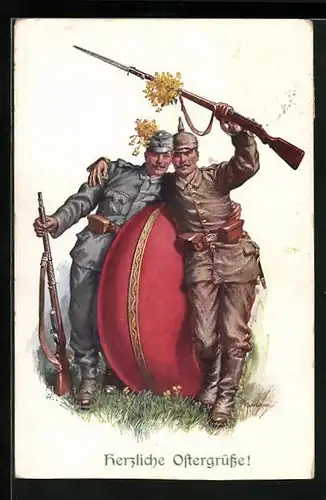 Künstler-AK Franz Kuderna: Österreichischer und deutscher Soldat mit Osterei