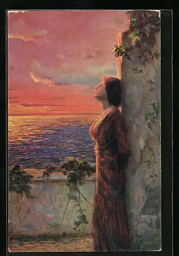 Künstler-AK Fr. Klimes: Dame am Meer im Abendrot