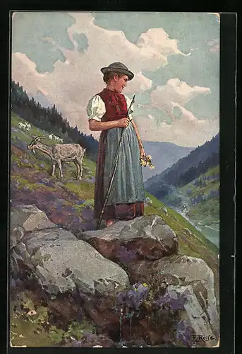 Künstler-AK Fritz Reiss: Schwarzwälder Hirtin mit Ziege