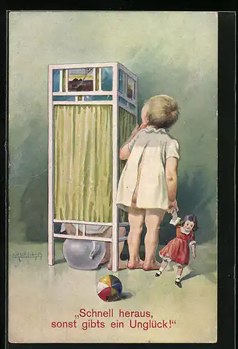 Künstler-AK Eduard Reckziegel: Schlange stehen vor dem Nachttopf