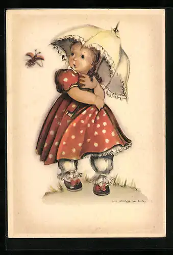 Künstler-AK Hilla Peyk: Mädchen im gepunktetem Kleid mit Schirm