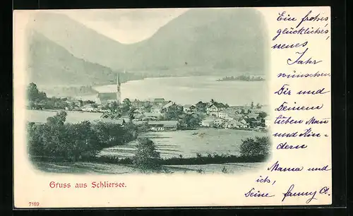 AK Schliersee, Ortsansicht mit Wiesen und See