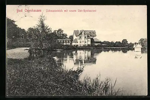 AK Bad Oeynhausen, Schwanenteich mit neuem Siel-Restaurant